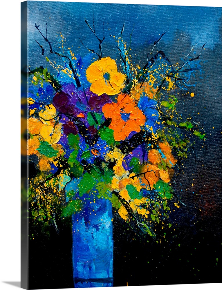 Vertical painting of a vase of flowers against a blue tone background.