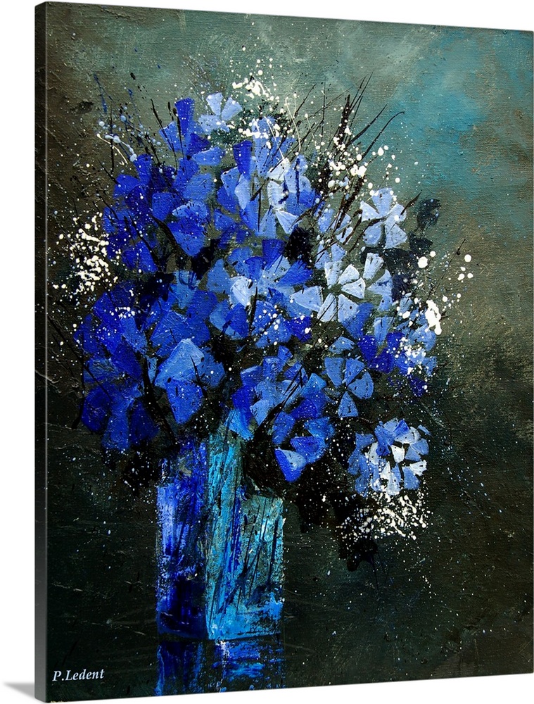 Contemporary painting of a vase of blue and white flowers against a neutral backdrop.