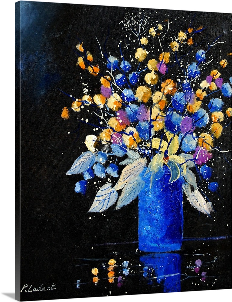 Vertical painting of a bouquet of colorful flowers in a blue vase against a black backdrop.