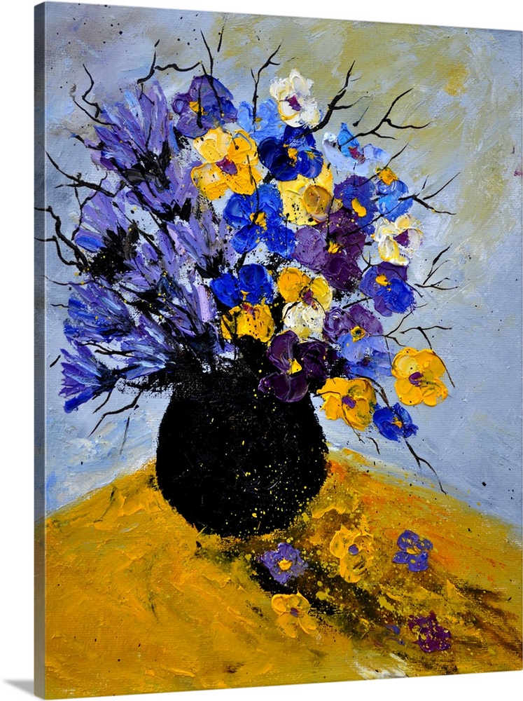 Vertical painting of a vase of flowers in varies shades of blue tones on a yellow  table.