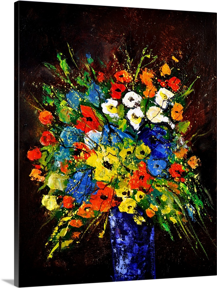 Contemporary painting of a vase of multi-colored flowers against a black backdrop.