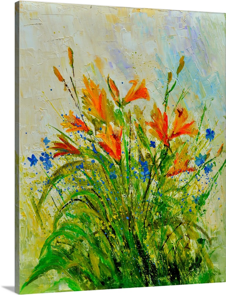 Vertical watercolor painting of a bouquet of orange flowers against a pastel colored backdrop.