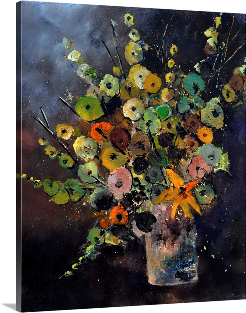 Contemporary painting of a colorful bouquet of flowers in a vase on a dark background.