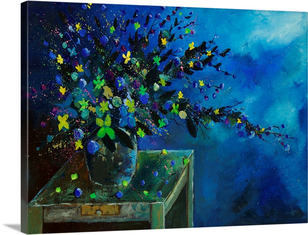 Horizontal painting of a vase full of vibrant colored flowers against of blue and teal backdrop.