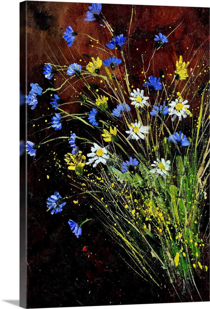A vertical painting of a bunch of wild flowers against of dark backdrop.