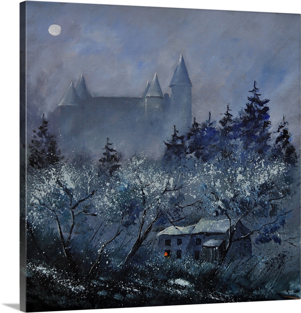 Vertical painting of a nighttime scene of a mist covered village with a castle in Belgium.
