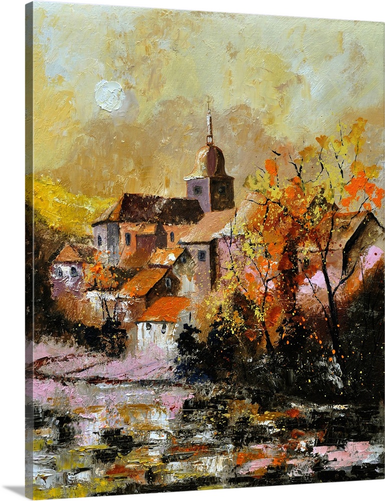 Vertical painting of an Autumn landscape with flowers in the foreground and a Belgium village in the background.