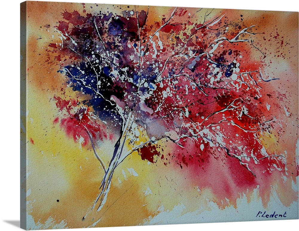 Colorful horizontal watercolor of a tree using colors of red, orange and yellow.