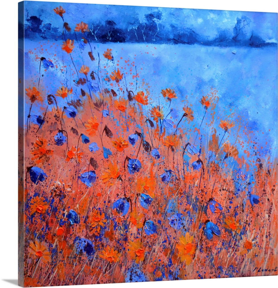 Contemporary landscape painting of a field of blue and red cornflowers.