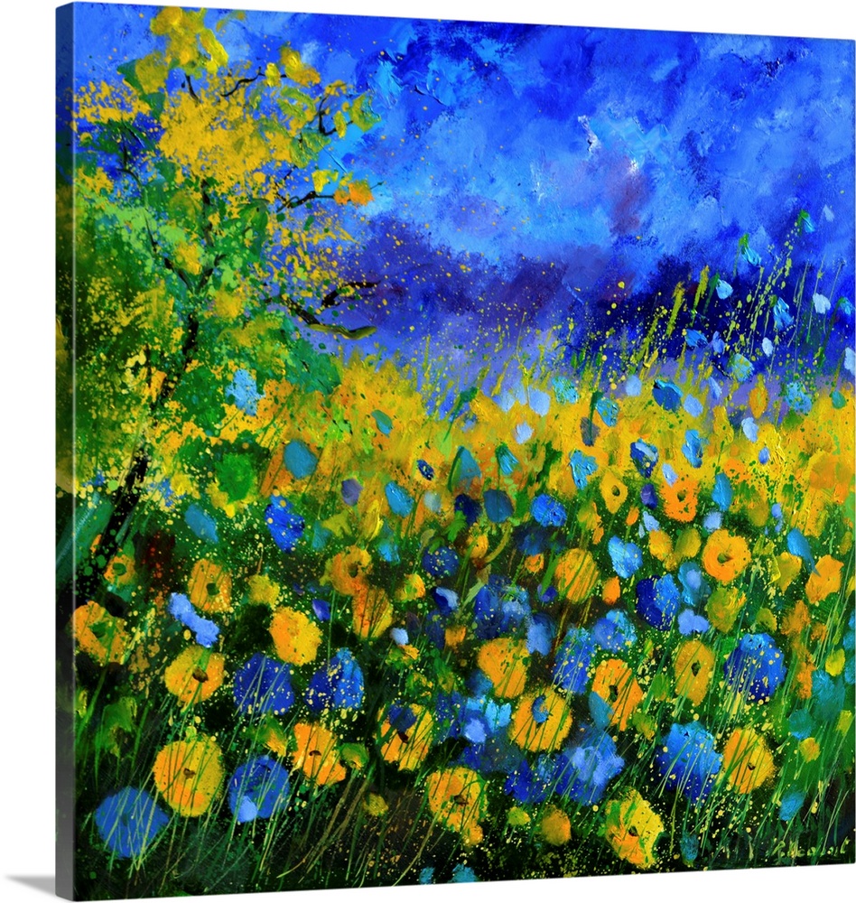 Contemporary landscape painting of a field of blue and yellow cornflowers.