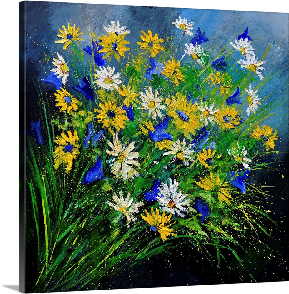 Square painting of a bunch of yellow and white daisies with small speckles of paint overlapping.