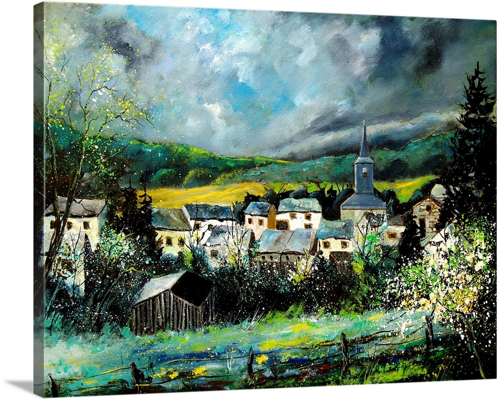A horizontal contemporary painting of the village of Daverdisse. Daverdisse is a Walloon municipality of Belgium located i...
