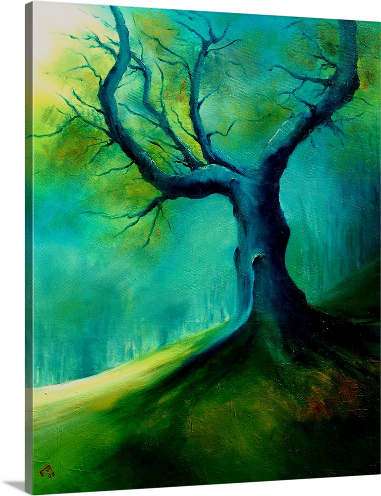 A dark, moody painting of a desolate, aged tree in shades of blue and green.