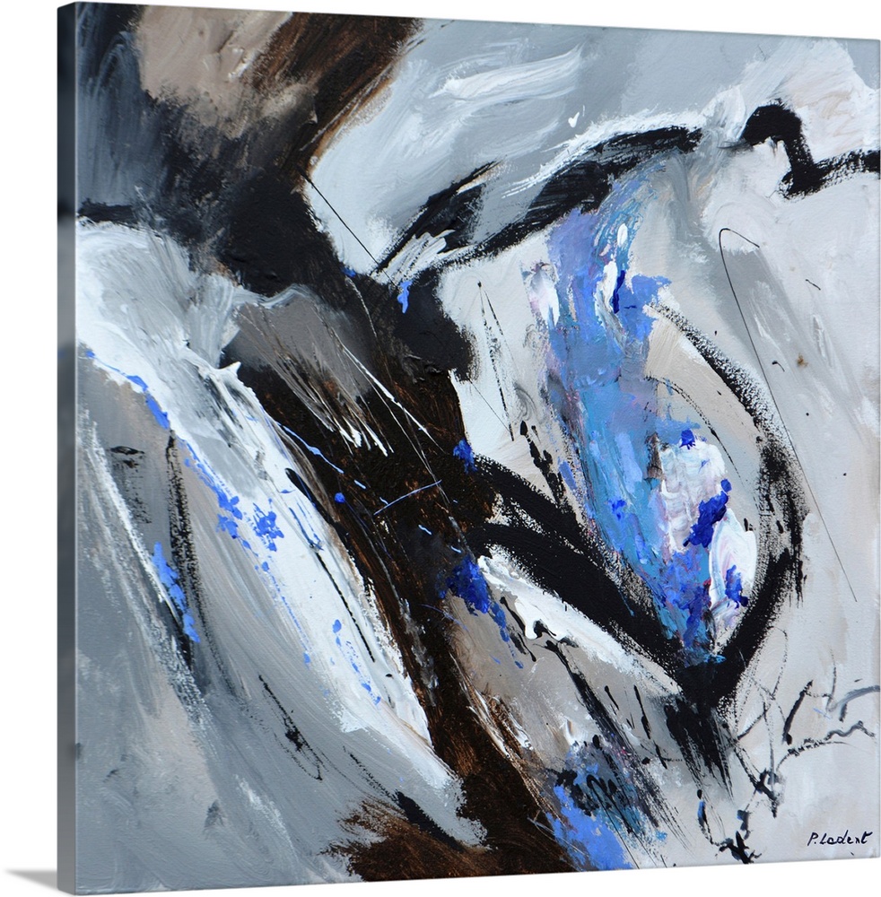 Contemporary abstract painting in gray, black, and blue.