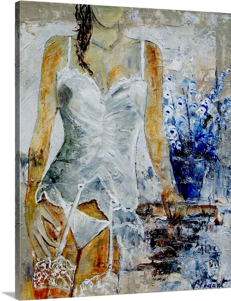 A painting of a woman wearing white lingerie standing next to a vase of blue flowers.