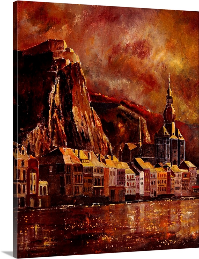 A solemn painting of the city of Dinant in Belgium in warm colors of red.