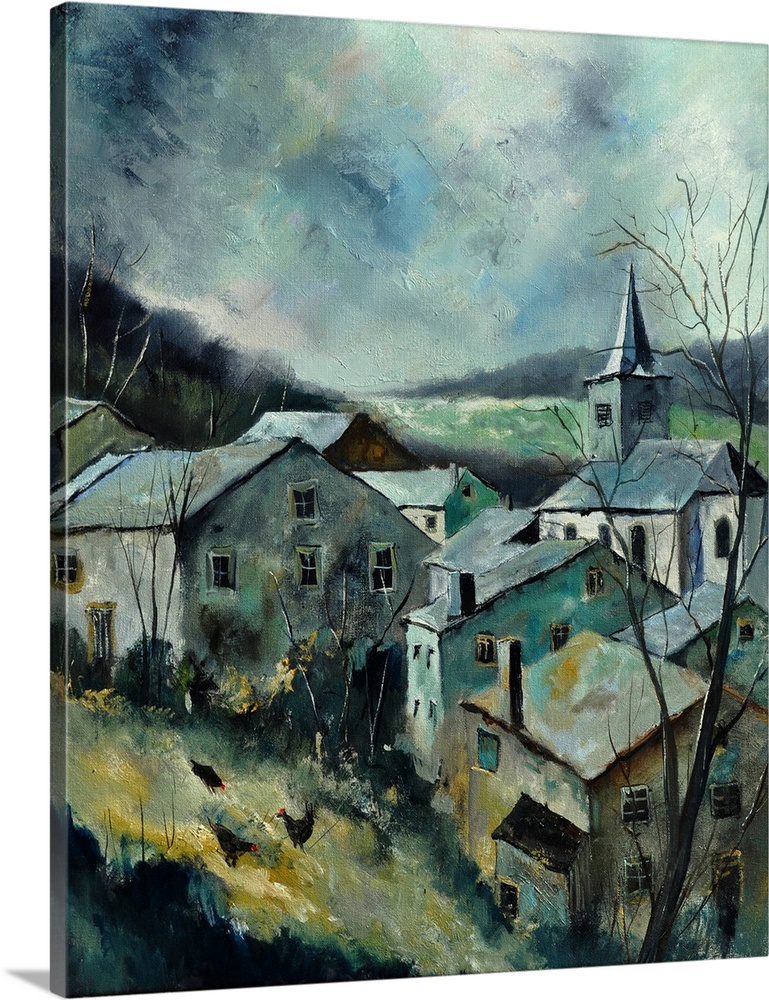 Vertical painting of the small village of Dohan, Belgium in muted tones.