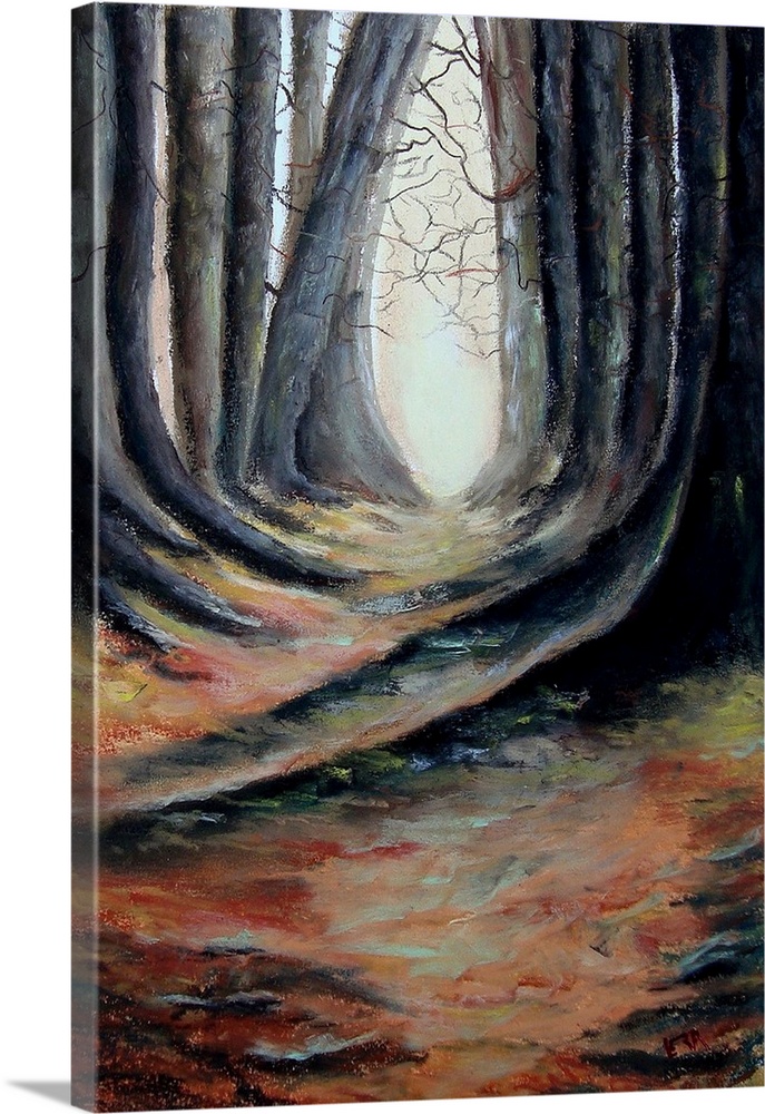 A vertical painting of a path through a wooded forest.