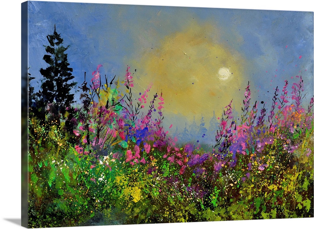 Painting of colorful flowers in a garden and a bright blue sky with small speckles of paint overlapping.