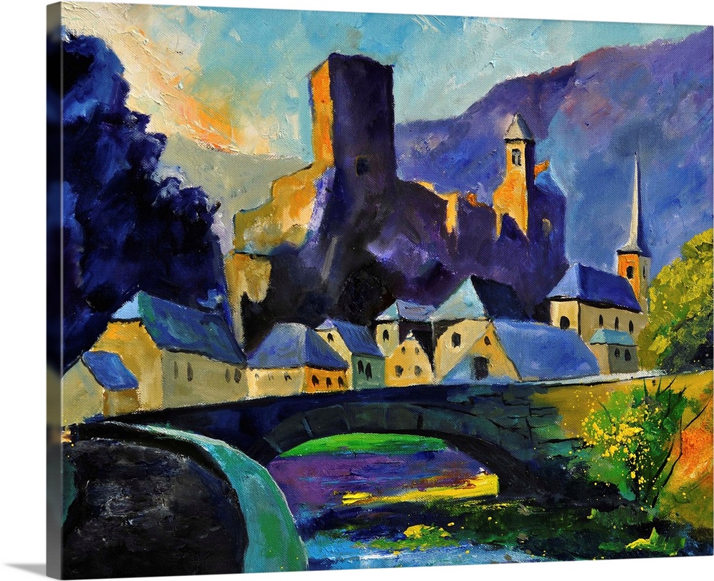 Horizontal painting of a village of Esch, Belgium in the spring time done in vibrant colors.