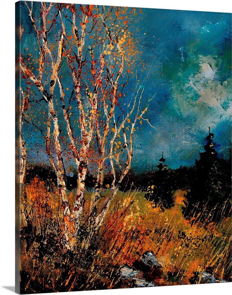 Vertical painting of bare trees in a field of golden grass with a dark stormy sky.