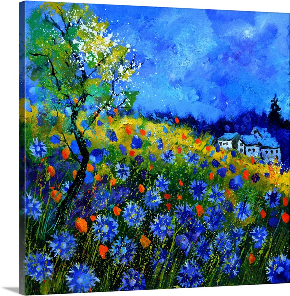 Vibrant painting of a bright Summer day with blossoming flowers, a colorful sky, and a house in the distance.