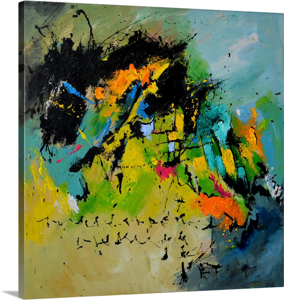 A square abstract painting in muted shades of green, blue, orange and yellow with splatters of paint overlapping.