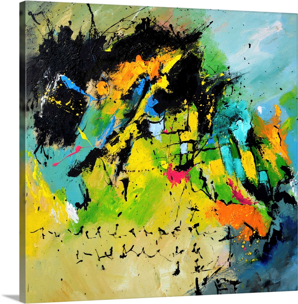 A square abstract painting in dark shades of black, blue, green and yellow with splatters of paint overlapping.