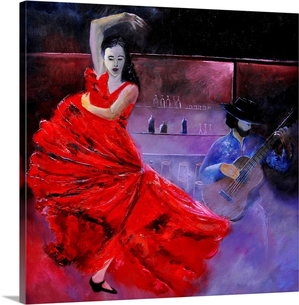 A contemporary painting of a Flamenco dancer in a red dress with a guitar player.