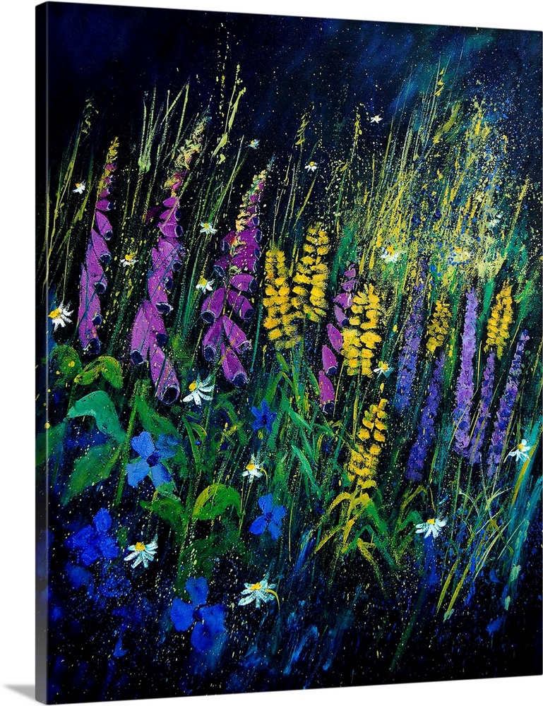 A vertical painting of a large group of garden flowers on a dark backdrop.