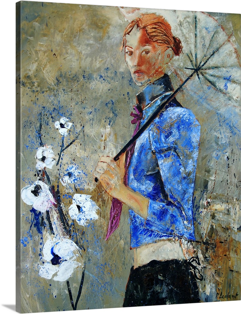 Vertical portrait of a woman in a blue jacket holding an umbrella with white flowers in front of her.