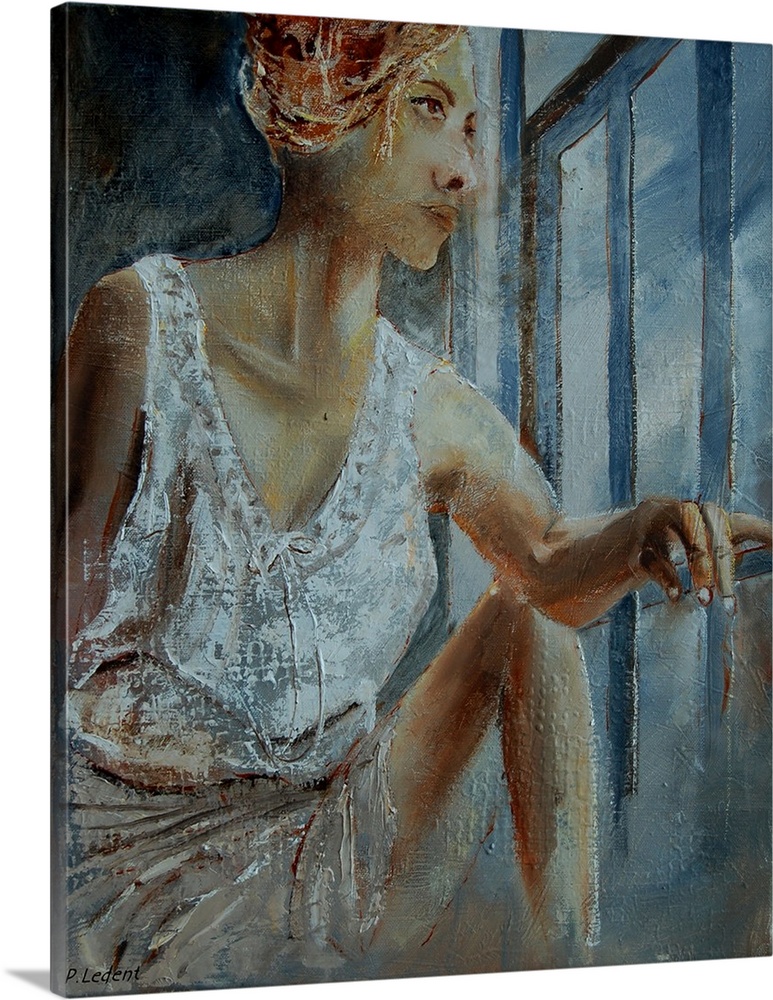 A painting of a woman in white, deep in thought, looking out of a window.