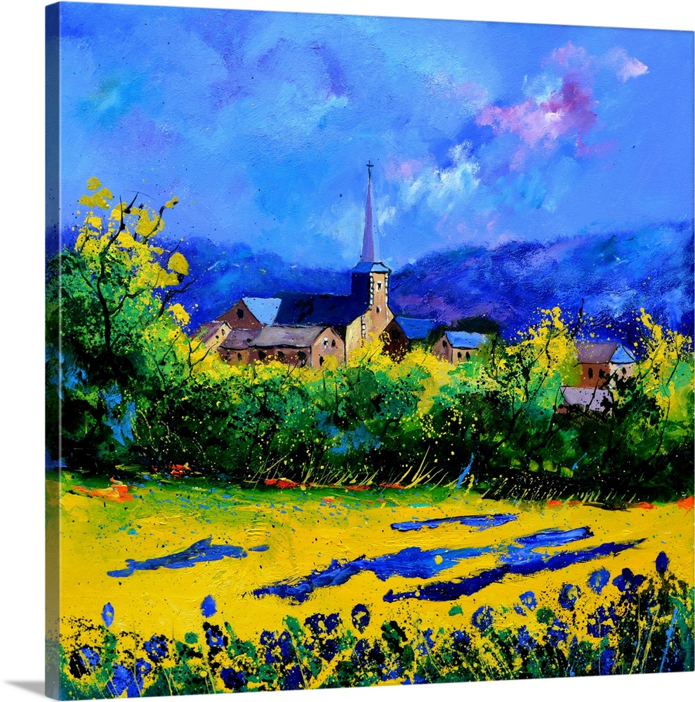 Vibrant painting of a bright day with blossoming trees, a colorful sky, and a village in the distance.