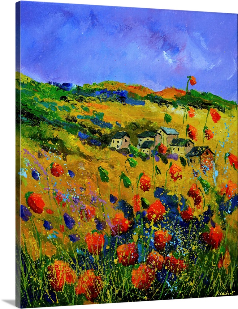 Contemporary abstract painting of a wildflowers with houses in the distance.