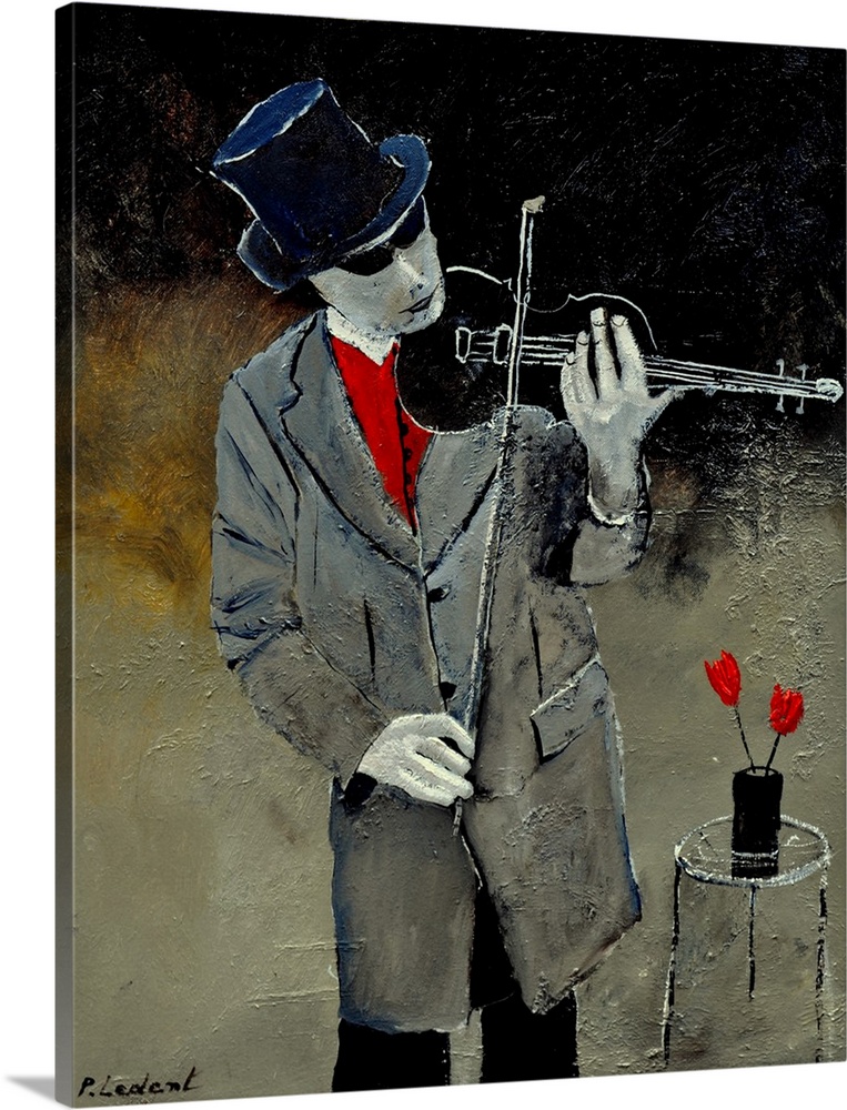 A portrait of a man wearing a jacket, hat and sunglasses, playing a violin while standing next to a small table with a vas...