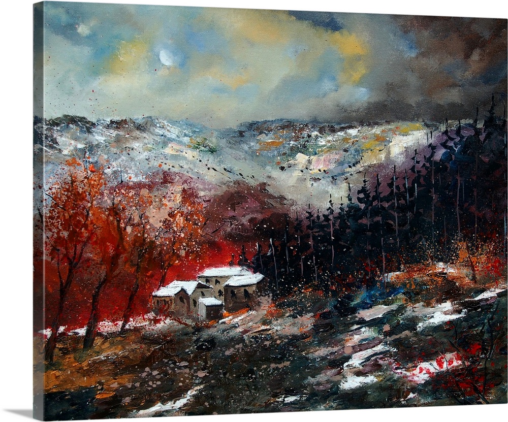 Horizontal painting of the last snow of winter covering a house in a valley surround by mountains.