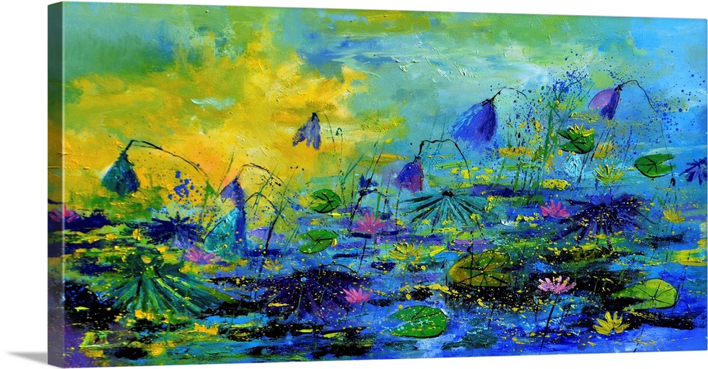 Contemporary abstract landscape of lilies and lily pads floating on a pond.