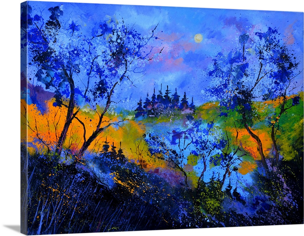 Vibrant painting in blue tones of  trees, a colorful sky, and rolling hills in the distance.