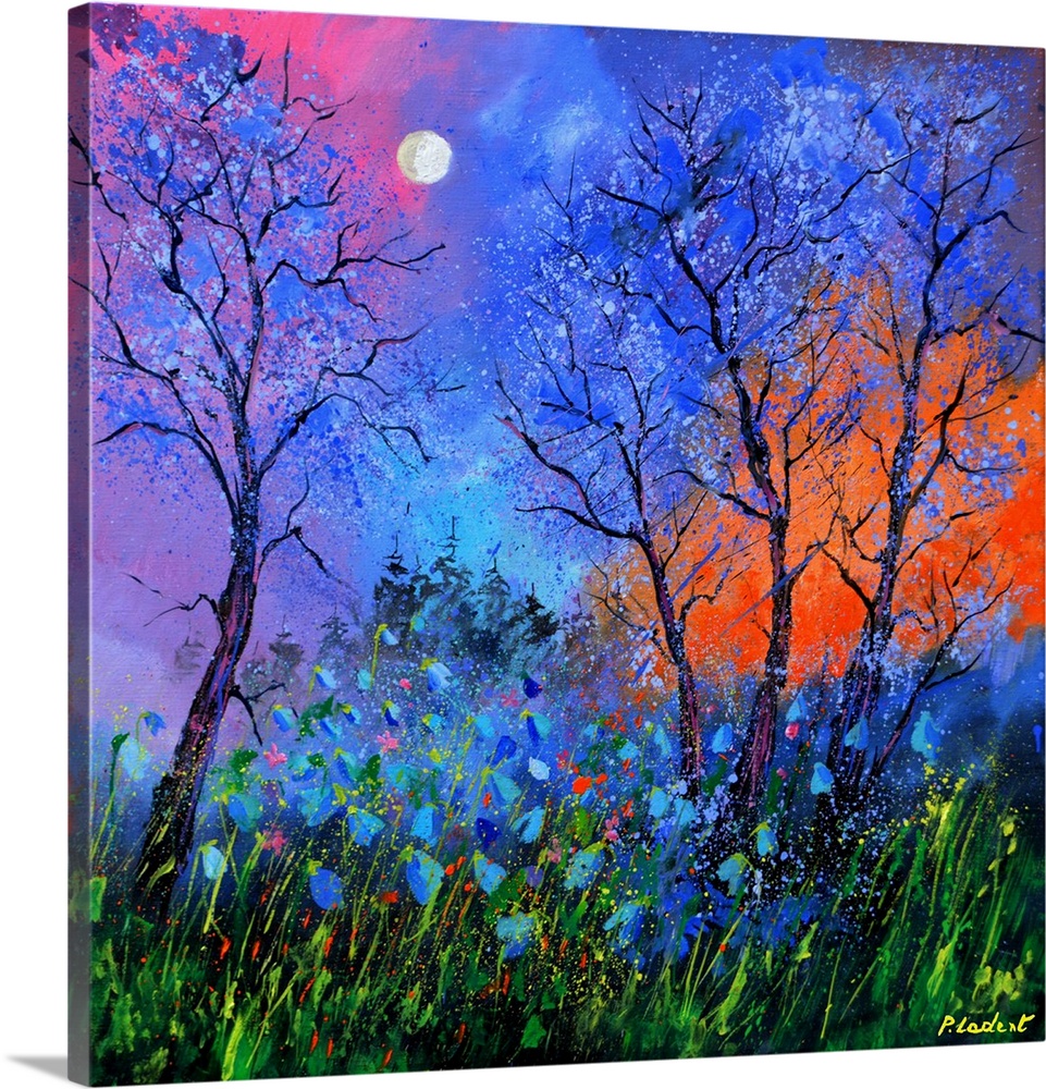 Contemporary painting of trees surrounded by wildflowers with a colorful sky above and a bright moon.