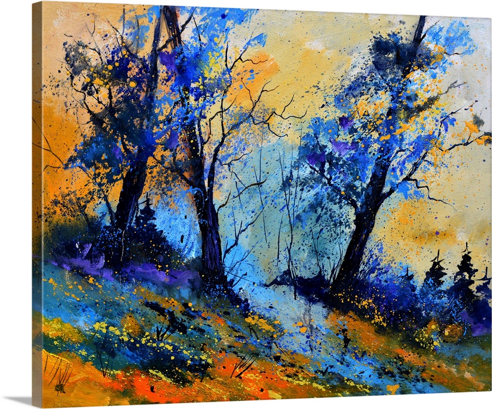 Vibrant painting of blue leaved trees, a colorful sky, and orange grass in the foreground.