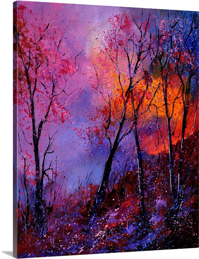 A vibrant colored painting of a forest with a bed of flowers and a pink and orange sky.