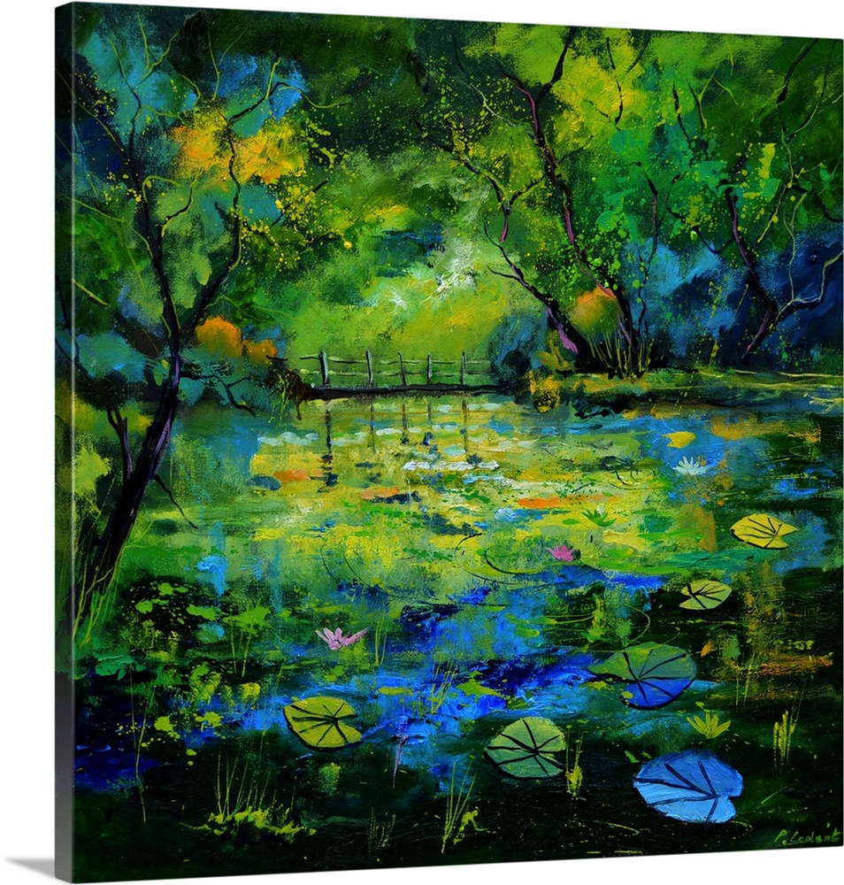 Impressionist painting of a blue, green, and yellow toned pond covered with lily pads and waterlilies and surrounded by lu...