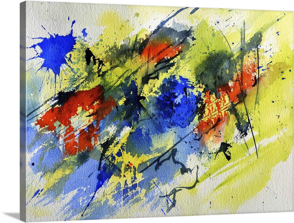 Abstract painting in shades of black, blue, red and yellow with splatters of paint overlapping.