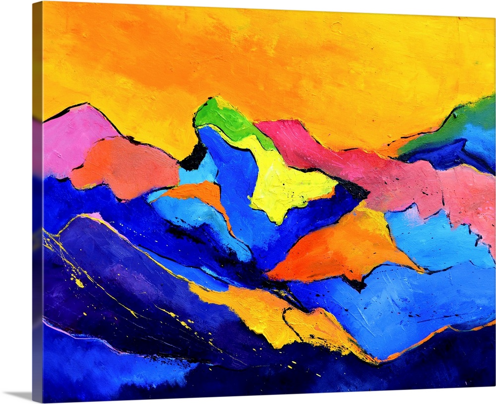 Horizontal abstract landscape of multi-colored mountain ridges in vibrant colors of orange, blue and red.