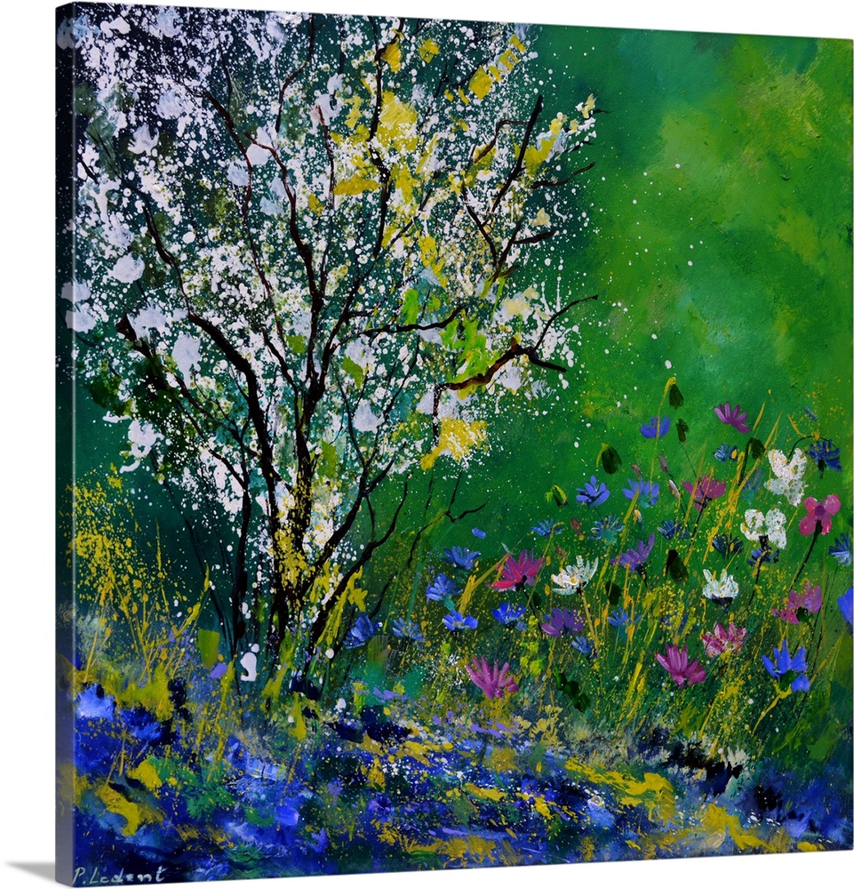 Square painting of colorful Spring wildflowers and a tree with white blossoms in an abstract style.