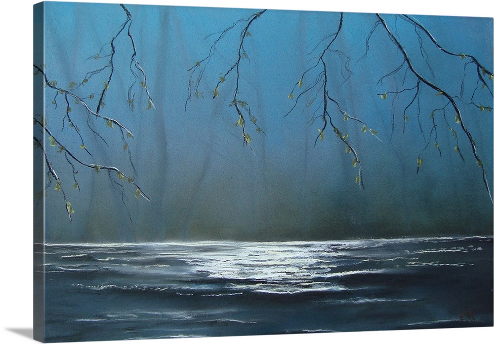 Painting of a river surround by mist and sparse trees.