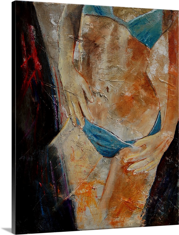 A vertical painting of the body of a woman from the chest down, wearing a blue bikini.