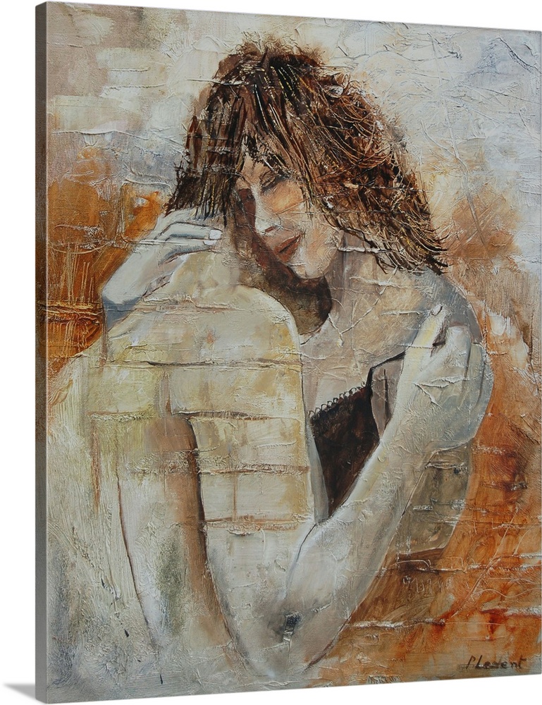 A portrait of a couple embracing done in textured, neutral colors.