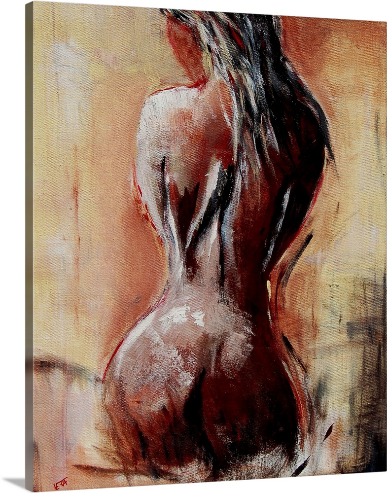 A nude painting of the back of a woman sitting on her legs in textured neutral colors and red accents.