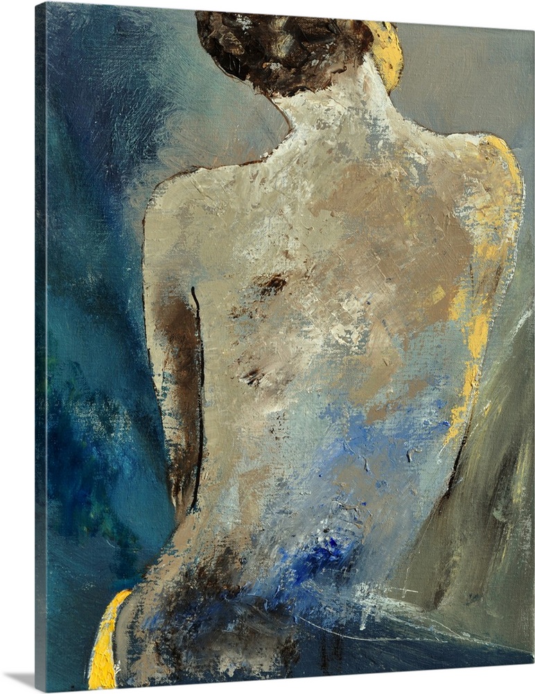 A painting of a nude woman, with her back towards the viewer, done in textured neutral tones.
